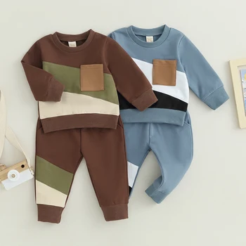 Fall Baby Boy 2 Piece Outfits Set Контрастен цвят Дълъг ръкав Суитчър Еластични панталони Малко дете Детски момчета Анцуг Дрехи Set
