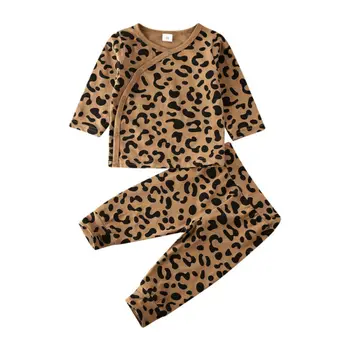 Момиче дрехи леопард печат новородено бебе момиче момче дрехи дълъг ръкав върховете + гамаши панталони 2бр екипировки размер 0-18M
