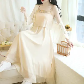 2022 Летни жени китайски стил ханфу 2 части комплект ежедневно флорални бродерия шифон презрамки рокля и жилетка риза фея костюми