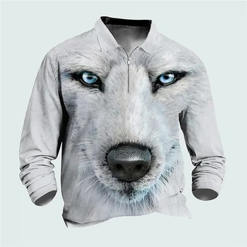 Мъжка поло риза голф риза Zip Polo Animal Wolf Графични отпечатъци Открит улица дълъг ръкав цип печат улично облекло дизайнер мек