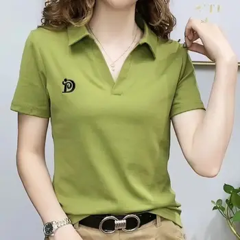 Polo T риза за жени къс ръкав нов летен v-образно деколте писмо пуловер трикотажни тройници женски дрехи плюс размер дами върховете