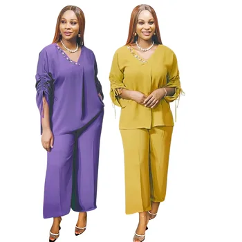 Африкански дрехи за жени Африкански 3/4 ръкав полиестер жълто лилаво 2 бр комплекти Топ дълъг панталон съвпадение комплекти африкански костюм