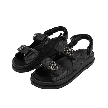XPAY Лято Дамски сандали Cattlehide Flats Нехлъзгащи се плажни пързалки Мода Класически Ваканция Истинска кожа Дамски обувки Размер 34-40