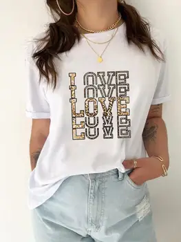 Print тениска Топ жени леопард любов писмо стил тенденция 90-те мода ежедневни дрехи женски графичен T риза къс ръкав Tee