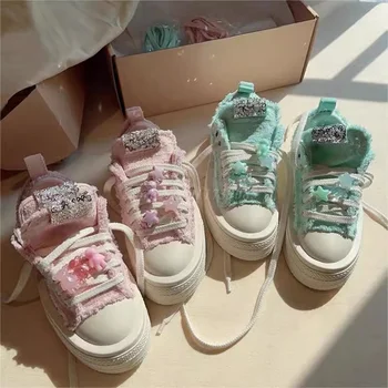 2023 Нови дебели еднолични обувки платно Жените кръгли пръсти случайни спортни обувки пайети декор синьо розов цвят обувки женски момичета
