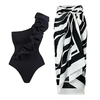 Нова мода жени покритие бански летен еднокомпонентен костюм с бански костюмиНаклонено рамо черно едно парче бански за жени CY001