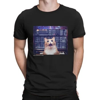 Невероятна мъжка тениска Извънгабаритни основни котки на синтезатори в космоса Модулна котешка тениска Мъжки тениски Графично улично облекло S-3XL