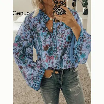 Жените шифон риза цвете печат бохемски хлабав риза бутон широк дълъг ръкав отгоре плажна блуза Boho ризи 2020 ново