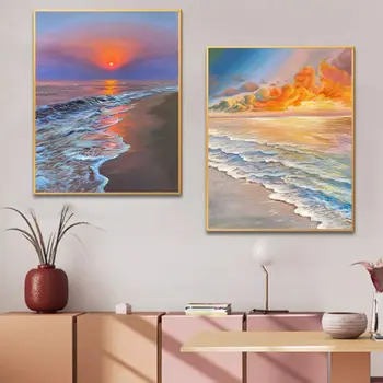 Modern Sea Scenery Canvas Painting Sunset Posters and Print Wall Art Pictures Всекидневната е декорирана без рамки