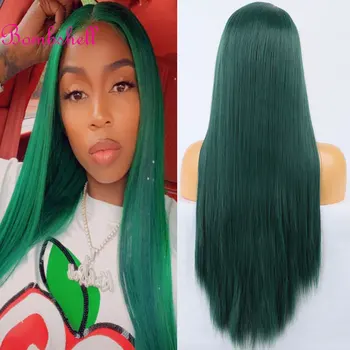 Bombshell тъмно зелен прав синтетичен 13X4 дантела предни перуки лепило високо качество топлоустойчиви влакна коса за жени Cosplay