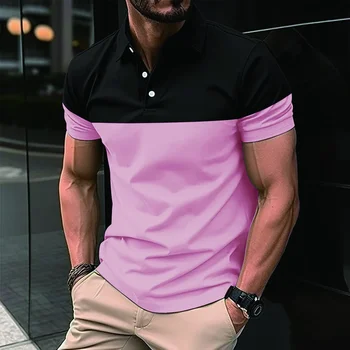 Летен контраст Мъжка ежедневна риза с къс ръкав Поло Офис улична мода ревера Тениска Мъжка дишаща Поло риза