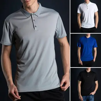 Ревера копчета деколте къс ръкав мъжки тениска лято плътен цвят хлабав случайни топ streetwear