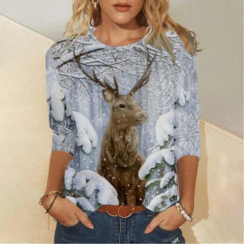 Коледа елен печат тениска жени дълъг ръкав хлабав T ризи есен случайни кръг врата върховете
