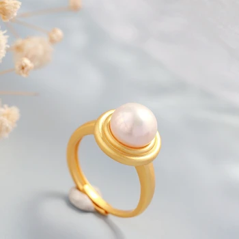 Автентичен 925 стерлинги сребърни пръстени инкрустирани естествени сладководни перли мода кръг пръстен дама 18K позлатени стил бижута