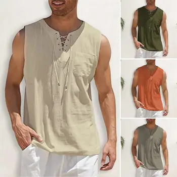Мъже Лято V-образно деколте превръзка дизайн жилетка върховете без ръкави кръпка джоб плътен цвят хлабав годни тениска Streetwear мода мъжко облекло