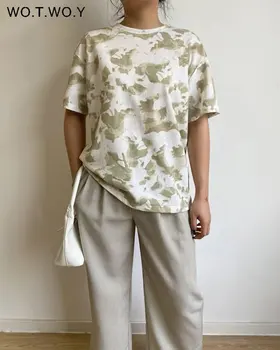 WOTWOY Летни ежедневни печатни тениски Дамски плетени памучни свободни меки тениски Женска боя за вратовръзка Геометрични върхове Goth Tees Mujer 2024