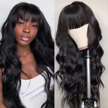30 34 инчов дълго тяло вълна 100% човешка коса перука с бретон за черни жени евтини бразилски кратко Боб човешка коса перуки ресни перука