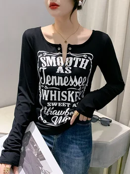 Winsleter Streetwear тениска дълъг ръкав тениски жени секси V деколте шик писмо отпечатани корейски стил Топ есен зима T38738JM