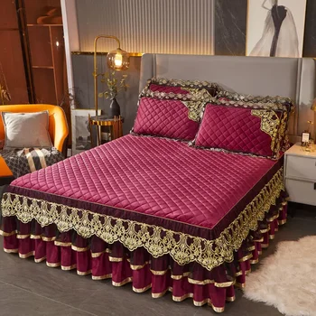 Промоция Луксозна топла покривка на леглото Удебелена кристално кадифе дантела легло пола размер Покривки за легла King Embroidery Спално бельо