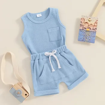 Новородено бебе момчета шорти комплекти летни дрехи без ръкави потник с ластик шорти плътен цвят облекло бебе облекло