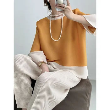 Miyake Folds Autumn New Round Neck Color Blocking Lantern Sleeve Loose Top Female Temperament Simple Matchy-matchy T-shirt