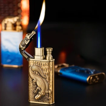 Нов двоен огън направо преобразуване открит огън надуваем син пламък елегантен метал 3D облекчение крокодил запалка