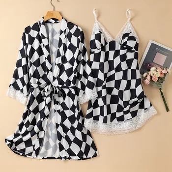 Summer New Casual Home Clothing Nightgown 2PCS Kimono Robe Sexy Sleepwear Intimate Lingerie Women Bathrobe Gown Homewear