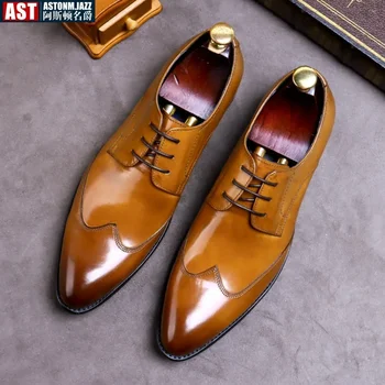 Ръчно изработени мъжки обувки Италия Оксфорд обувки естествена кожа заострени пръсти мъжка рокля Оксфорд обувки класически бизнес официални обувки за мъже